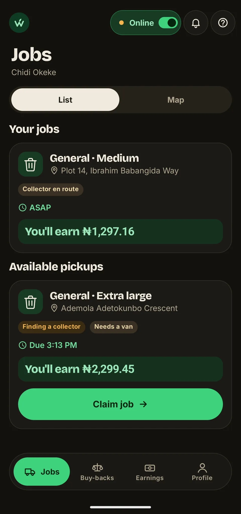 A walkthrough of the WasteAway collector app: an online collector with one pickup under way and another to claim, each showing its pay, the same jobs on a map, then the earnings screen with money available to withdraw and more still clearing