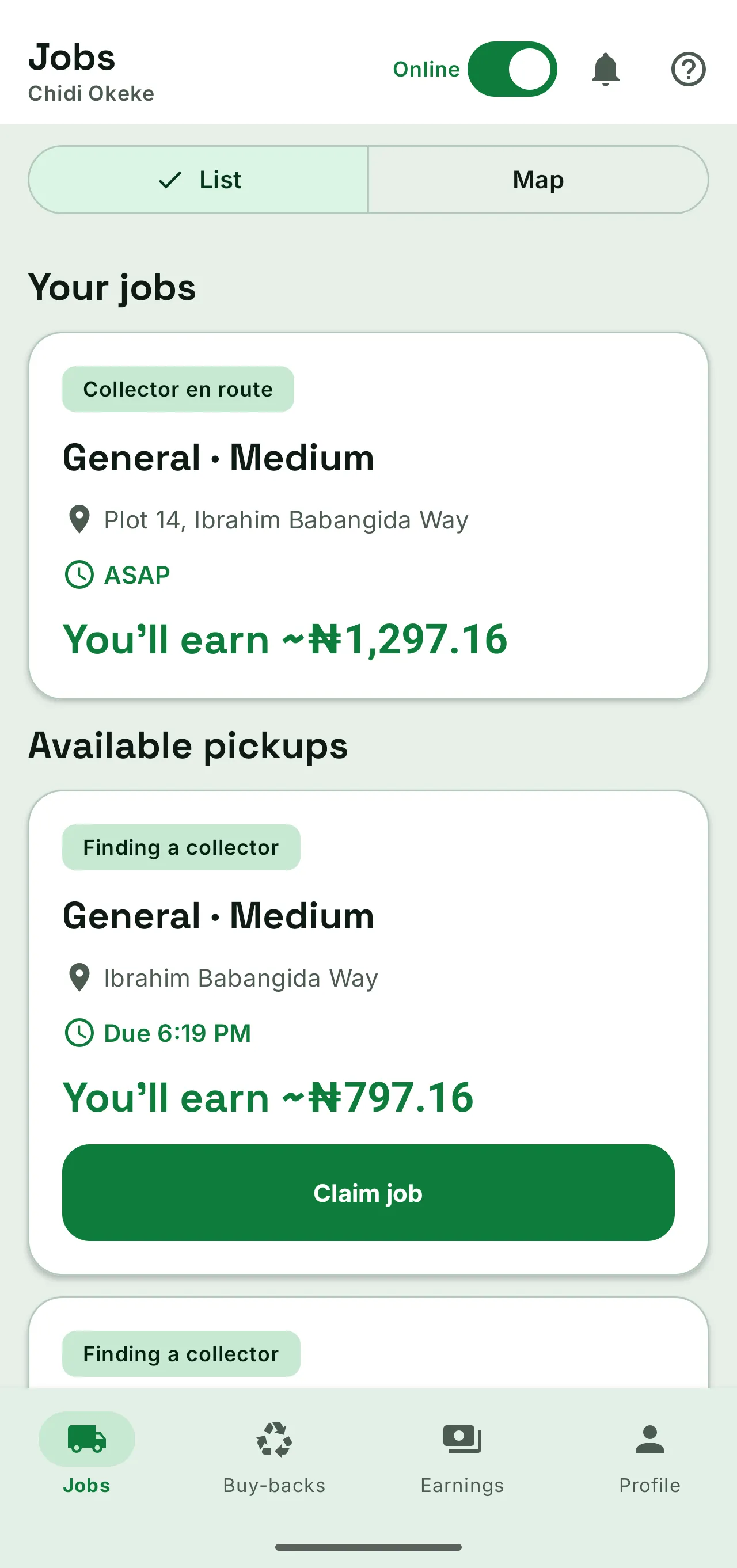 WasteAway collector jobs screen: an online collector with a claimed pickup already under way and an available job to claim, each showing the pay