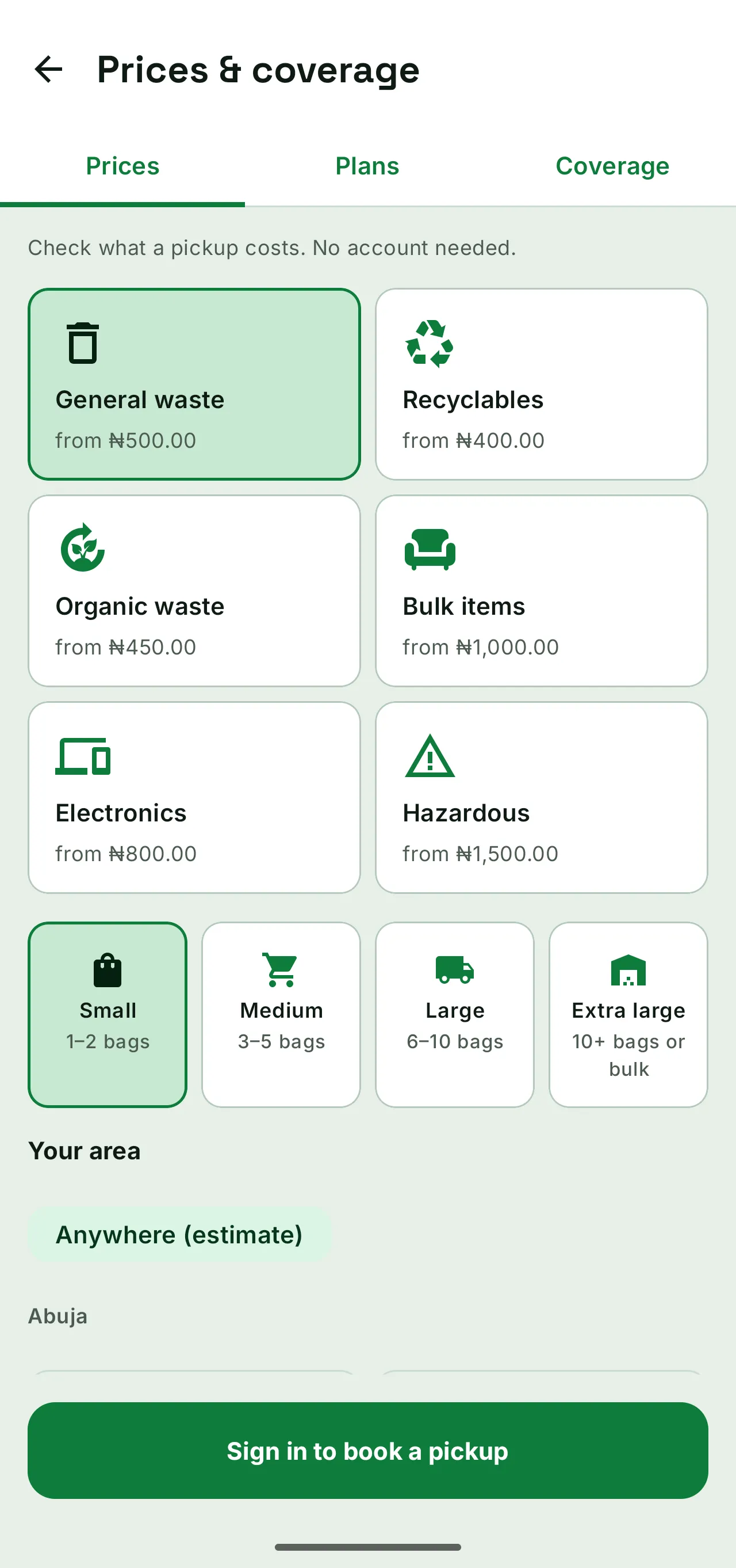 Guest pricing and coverage catalogue on the WasteAway Android app, listing a base price for each waste type and the four load sizes