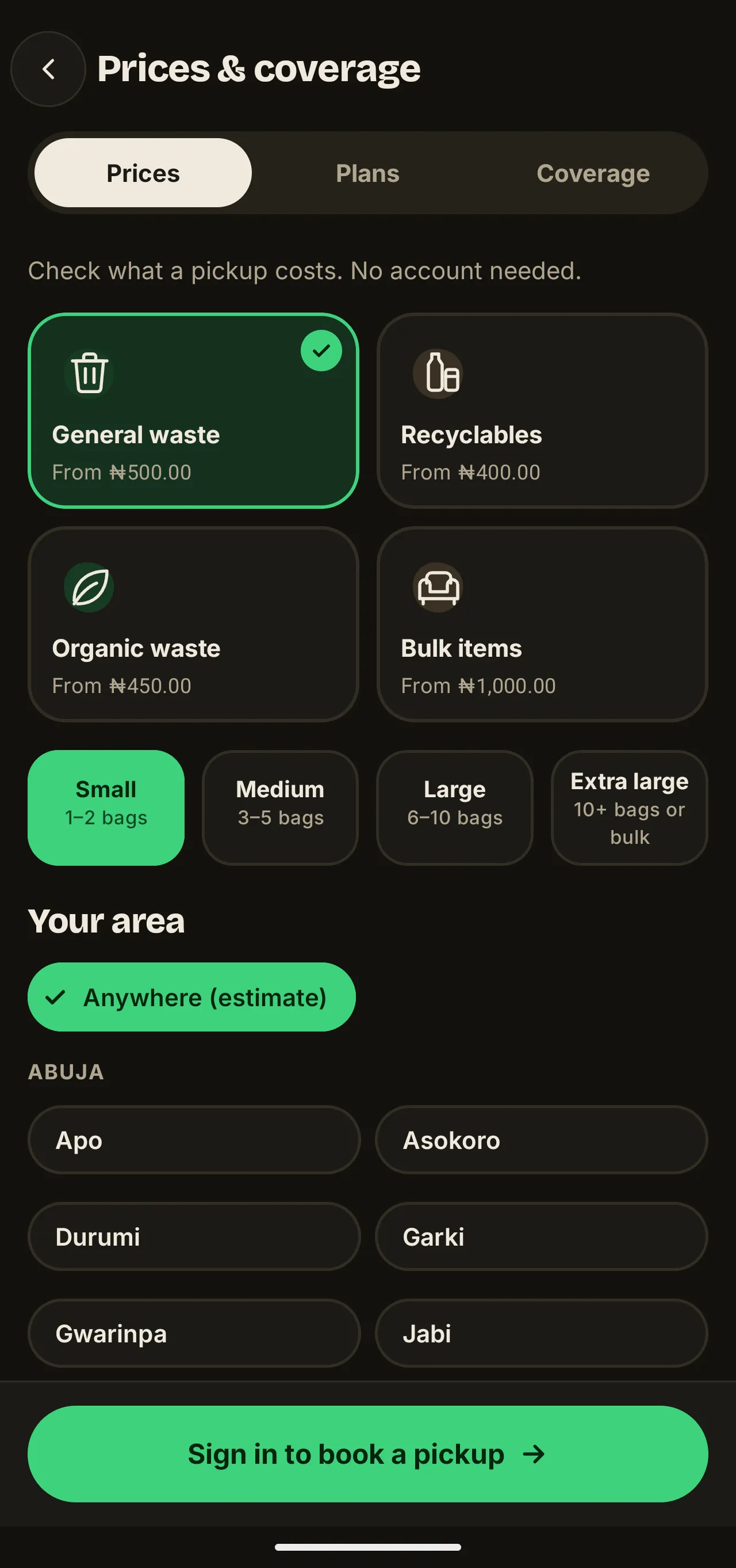 Guest pricing and coverage catalogue on the WasteAway Android app, listing a base price for each waste type and the four load sizes