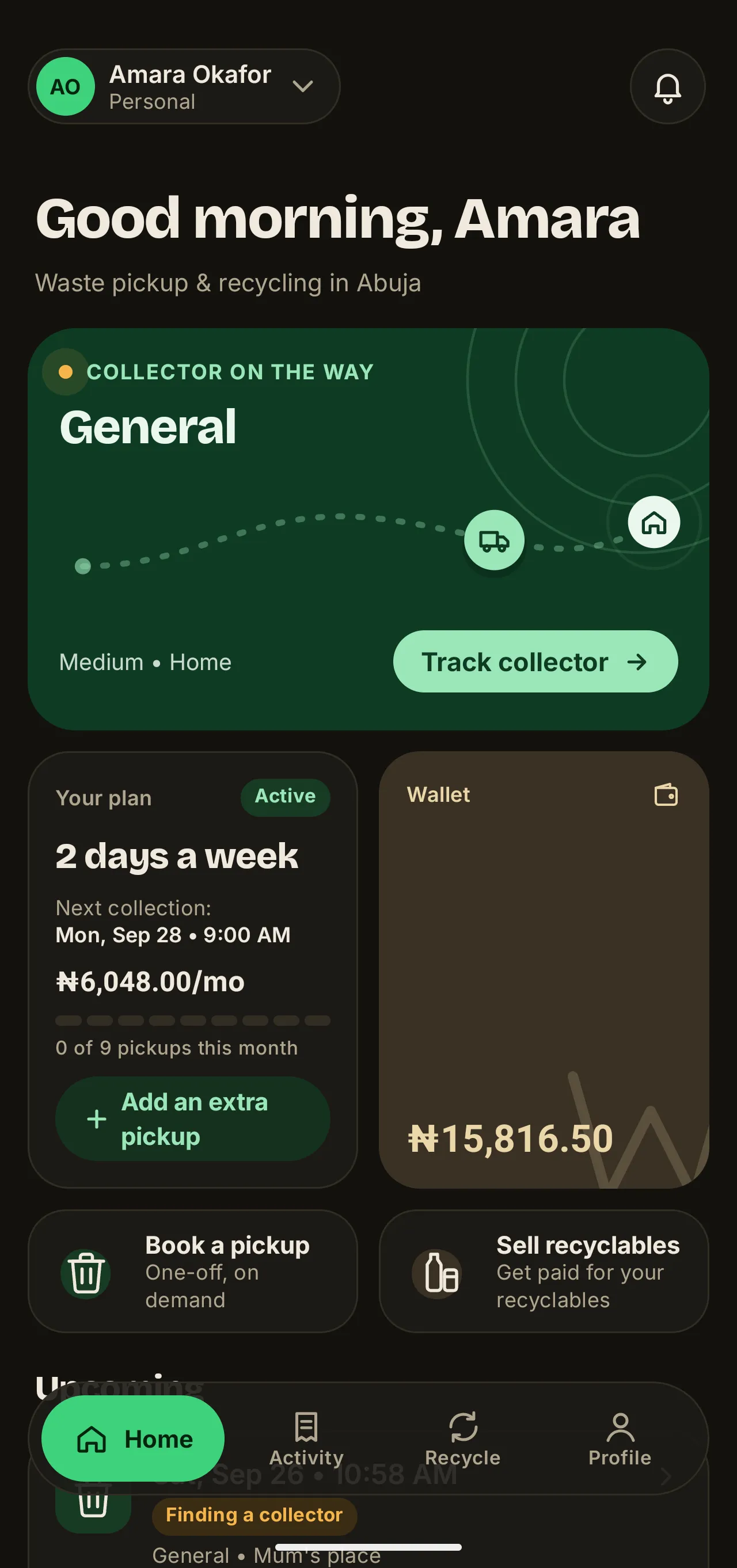 The WasteAway home screen on Android, with an active weekly plan and a collector on the way