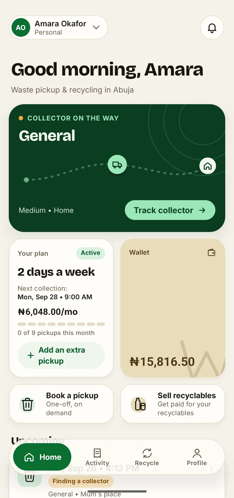 A walkthrough of the WasteAway home screen: a collector on the way, the collector's position on a live map, then the twice-a-week plan opened to show the monthly price, the saving and the price per collection