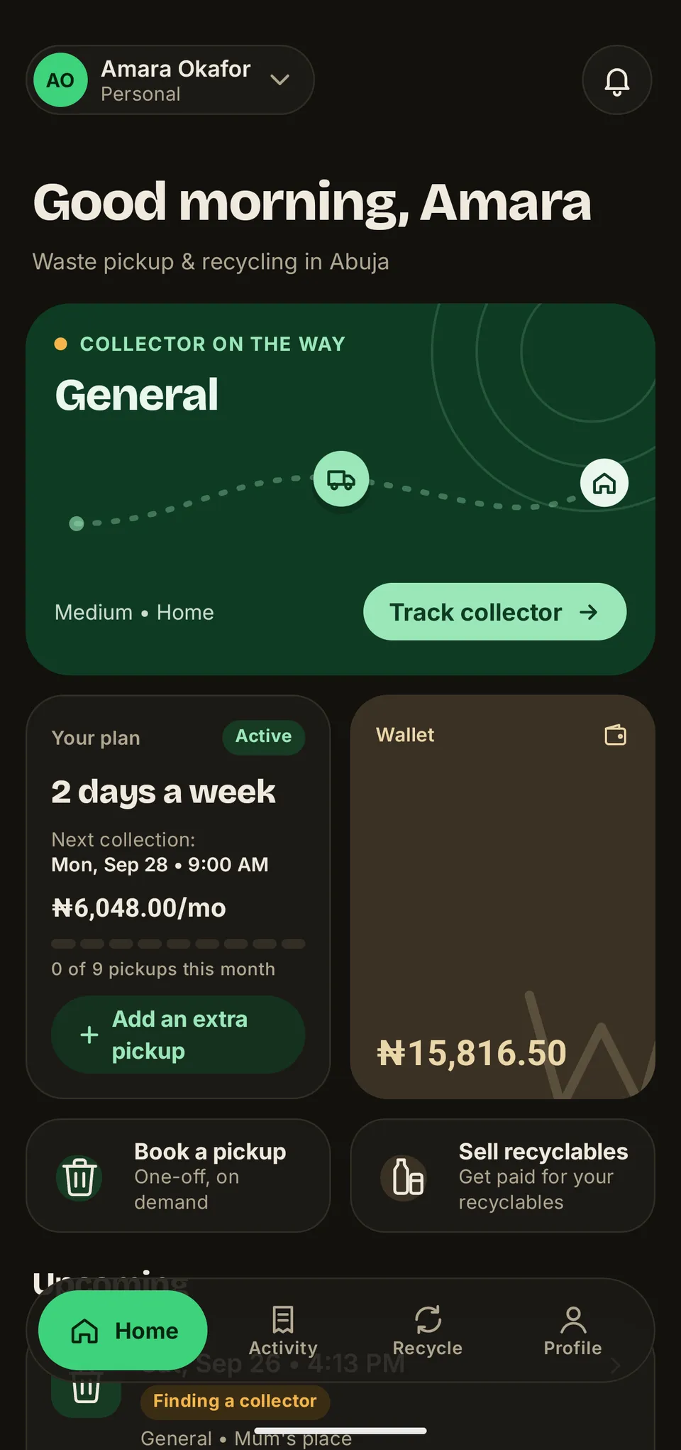 A walkthrough of the WasteAway home screen: a collector on the way, the collector's position on a live map, then the twice-a-week plan opened to show the monthly price, the saving and the price per collection