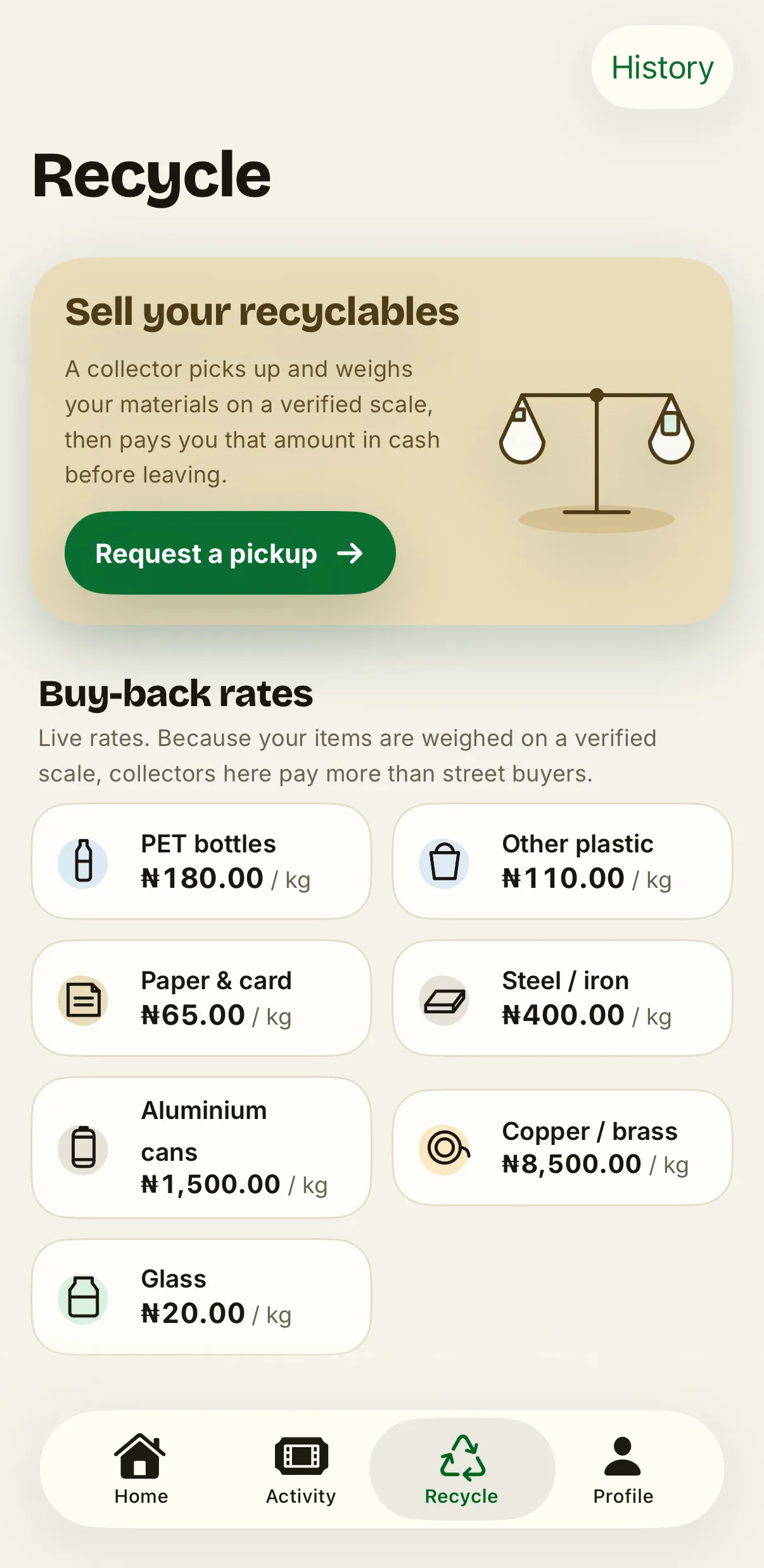 WasteAway buy-back rate card on iPhone: the per-kilogram rates a collector pays for each material, in cash at the door