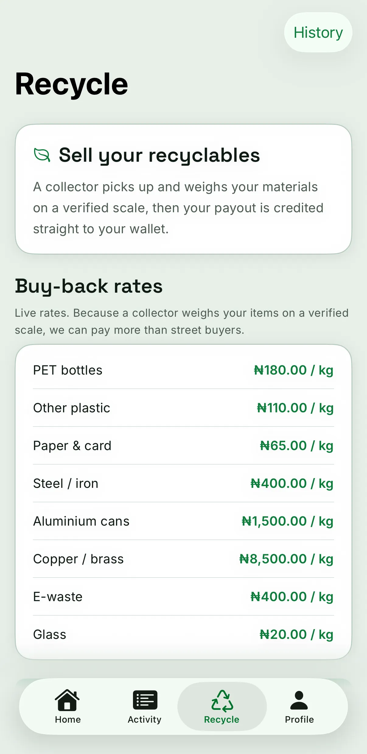 WasteAway buy-back rate card on iPhone, listing per-kilogram prices for PET, plastic, paper, steel, aluminium, copper, e-waste and glass