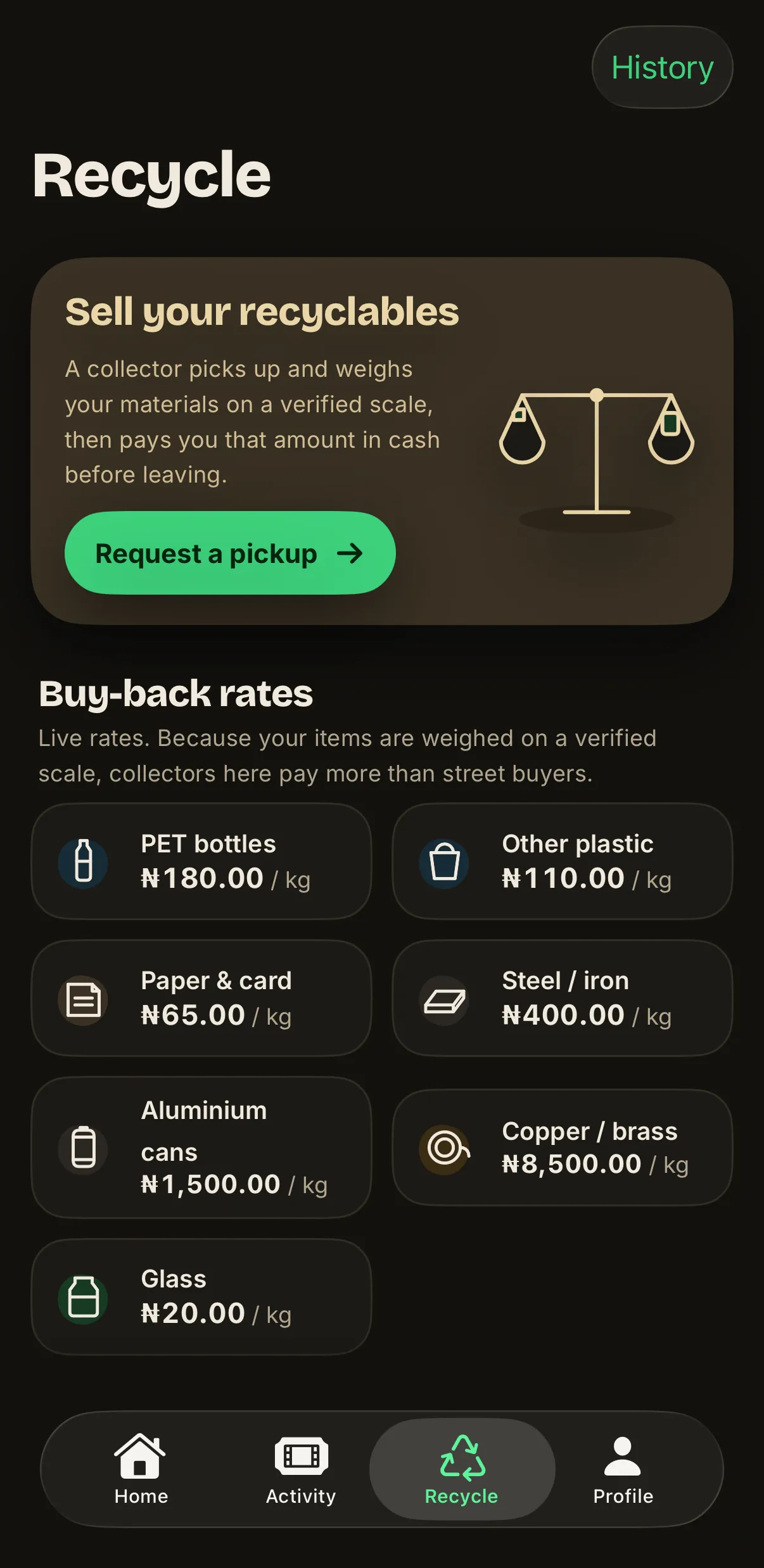 WasteAway buy-back rate card on iPhone: the per-kilogram rates a collector pays for each material, in cash at the door
