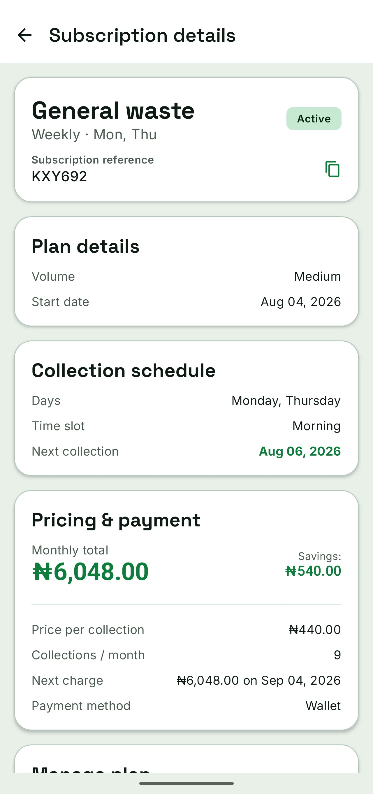WasteAway subscription details: General waste, weekly on Monday and Thursday, ₦6,048.00 per month with ₦540.00 in savings and ₦440.00 per collection