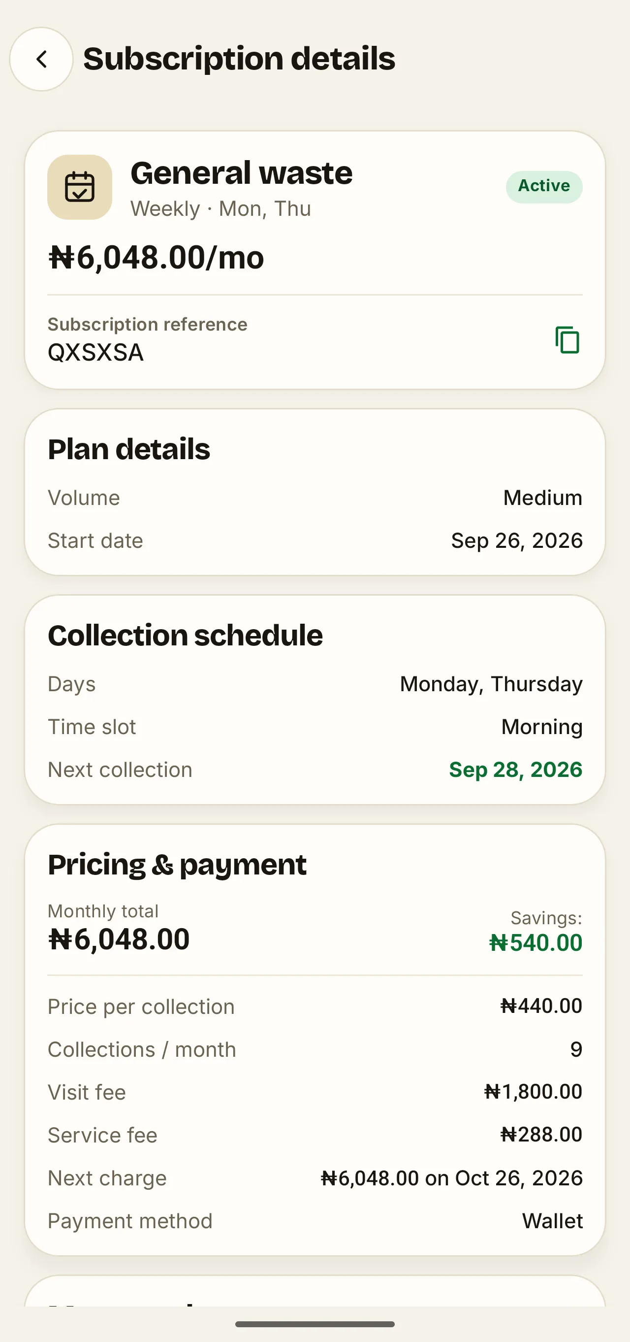 WasteAway subscription details: a twice-a-week general waste plan, showing the monthly price, the frequency saving and the price per collection