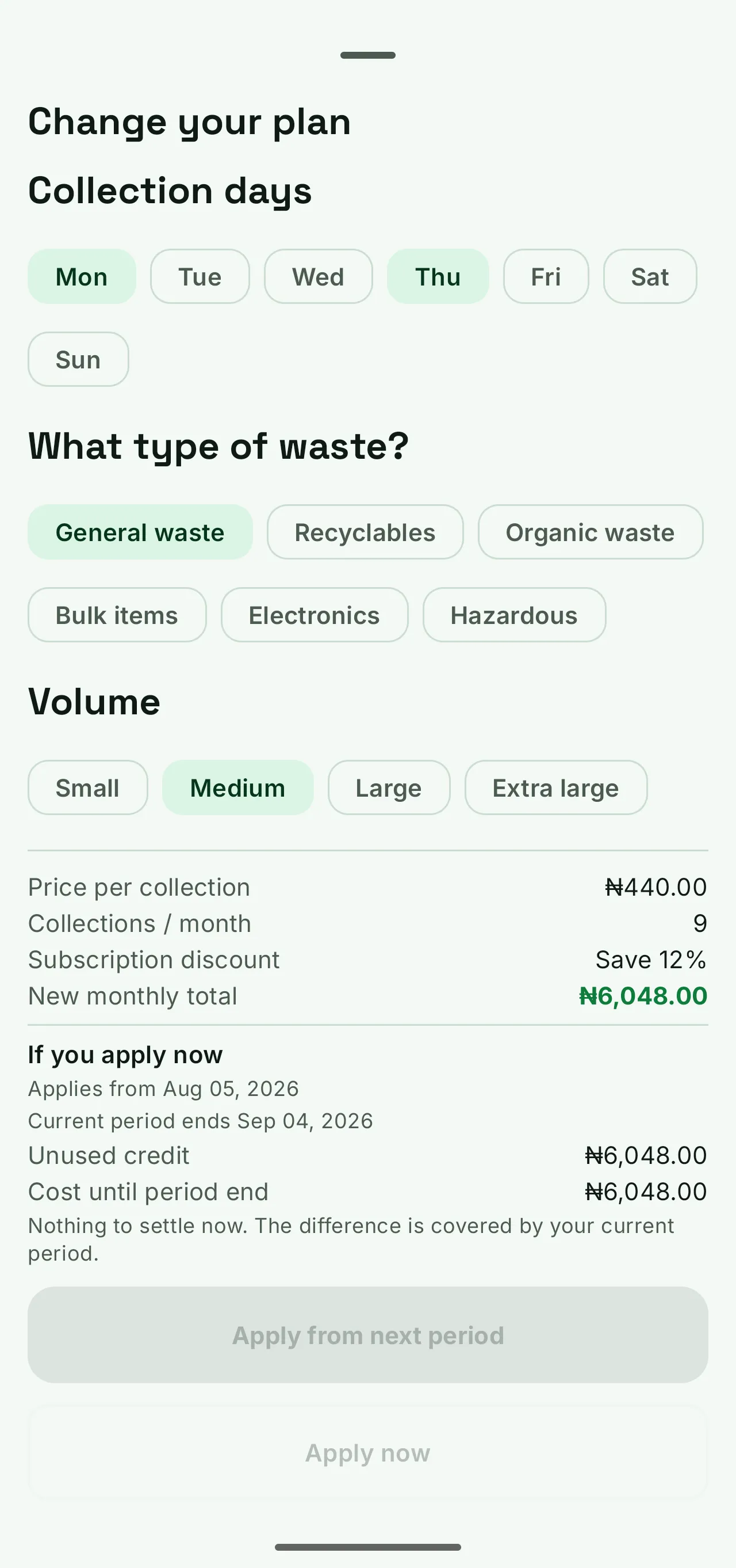 Change your plan sheet on Android: collection days, waste type and volume, with the recomputed price per collection, monthly total and proration