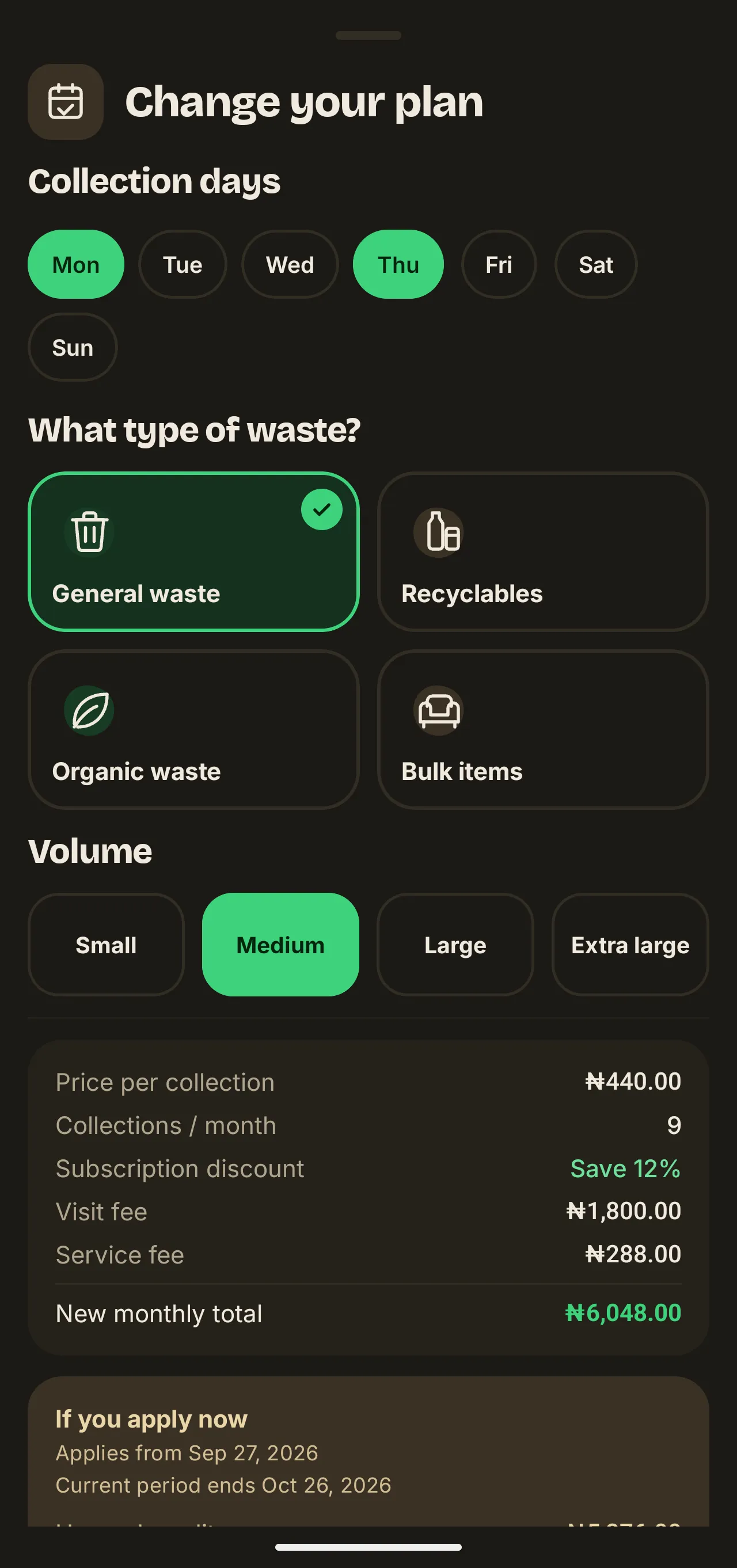 Change your plan sheet on Android: collection days, waste type and volume, with the recomputed price per collection, monthly total and proration