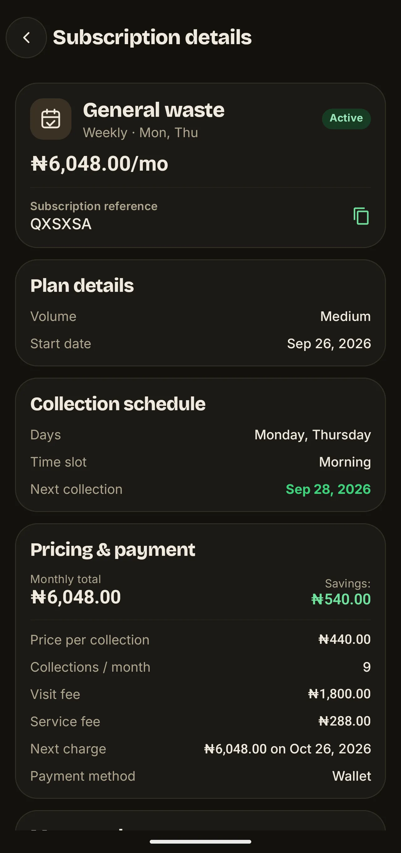 WasteAway subscription details: a twice-a-week general waste plan, showing the monthly price, the frequency saving and the price per collection